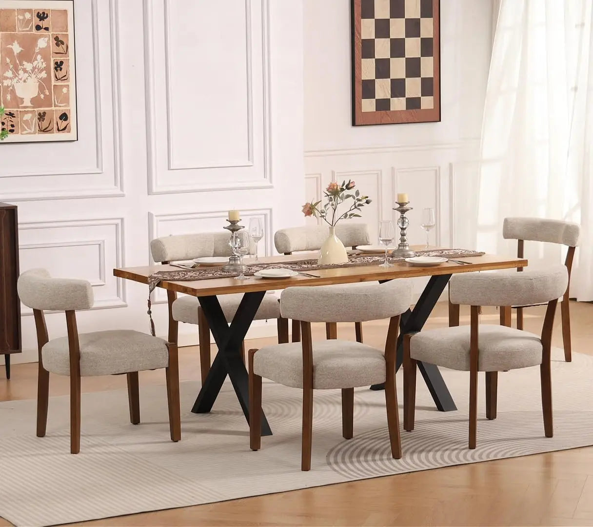 Modern Upholstered Dining Chairs Set of 8 – Mid-Century Walnut Wood Legs, Cushioned & Elegant