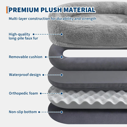 Oversized Human Dog Bed Orthopedic Faux Fur Pet Bed With Pillow Side Pocket Waterproof Lining & Anti-slip Bottom