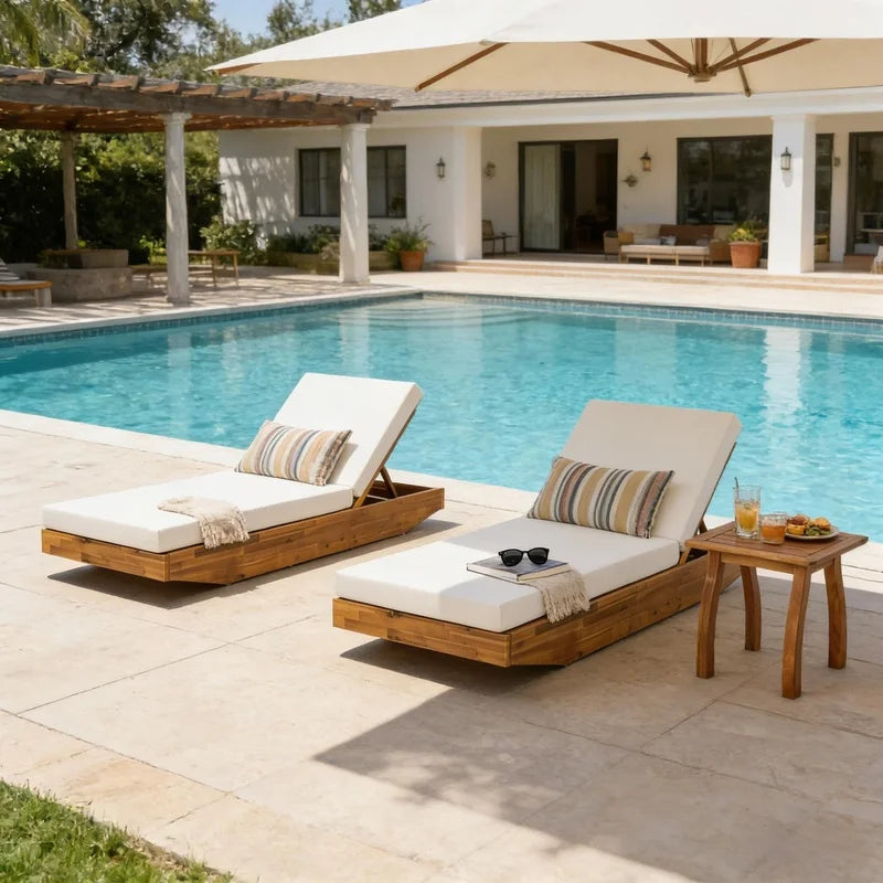 Wood Chaise Lounge with Cream Water-Repellent Cushion, 79.6" L x 29" W, 300 lbs Capacity