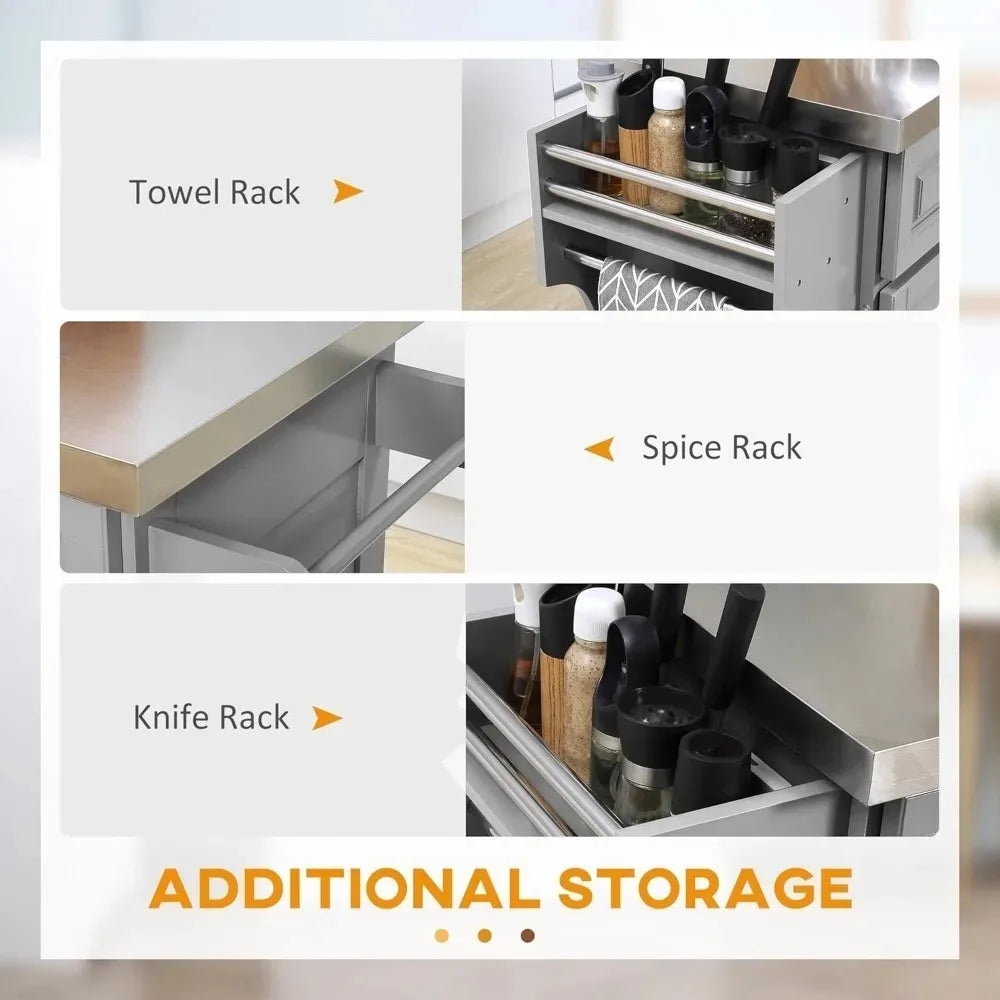Rolling Kitchen Island Cart with Wheels, Portable Island Table for Kitchen with Stainless Steel Top, Adjustable Shelves