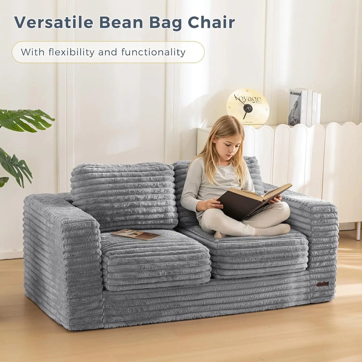Large Grey Bean Bag Sofa with Pillows and Armrests, Plush Floor Chair for Living Room or Bedroom