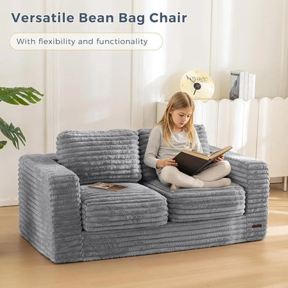 Large Grey Bean Bag Sofa with Pillows and Armrests, Plush Floor Chair for Living Room or Bedroom