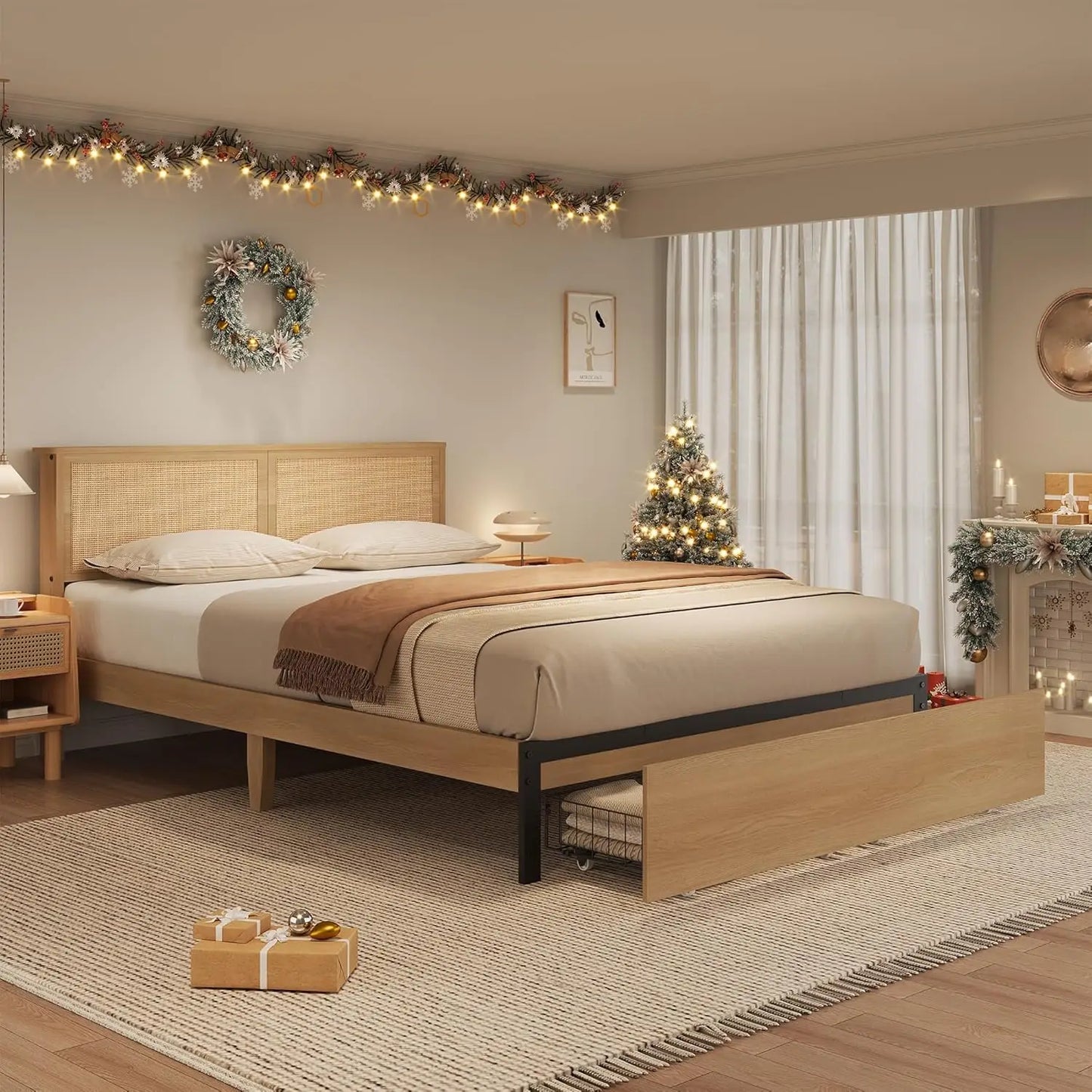 Rattan Bed Frame with Headboard, Boho Cane Platform Bed Frame with Drawer, Strong Metal Slats Support