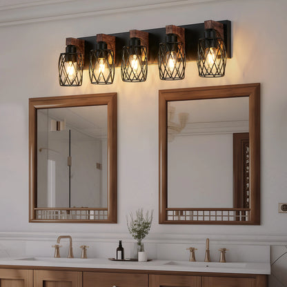 32 Inch 5-Light Vintage Mirror Sconce Black Cage Wall Sconce with Wooden Accents