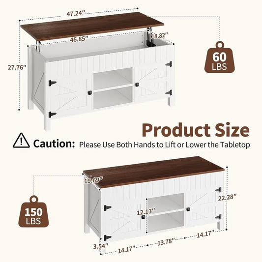 Lift Top Coffee Table with Storage - White Coffee Tables for Living Room, Farmhouse Wood Center Table