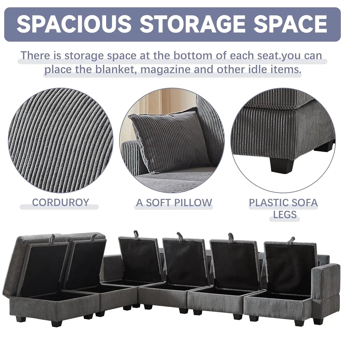 U-Shaped Modular Sectional Sofa with Storage Ottoman, Corduroy Upholstered Convertible Couches with Chaise