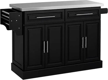Rolling Kitchen Island Cart with Wheels, Portable Island Table for Kitchen with Stainless Steel Top, Adjustable Shelves