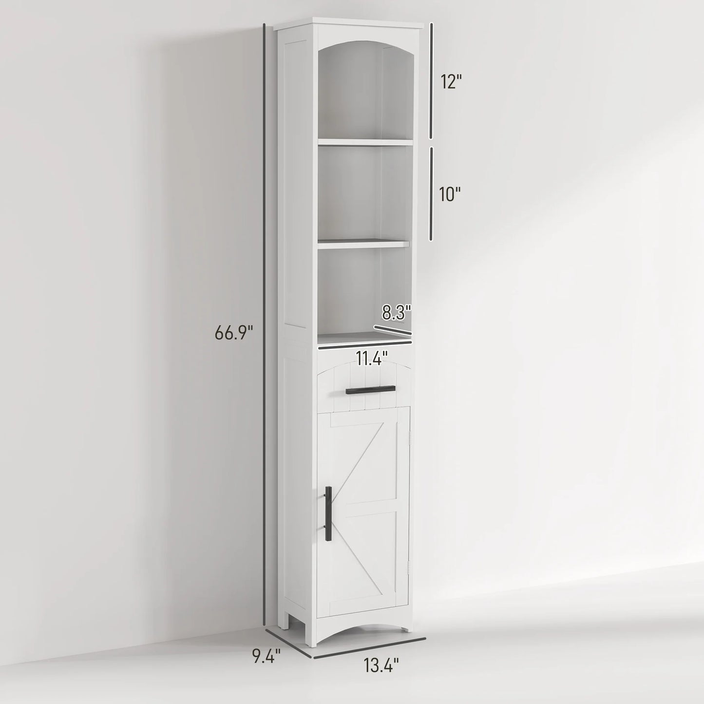 Tall Bathroom Storage Cabinet, Farmhouse Narrow Bathroom Storage Cabinet with Recessed Drawer and Barn Door, White