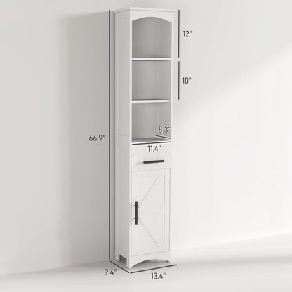 Tall Bathroom Storage Cabinet, Farmhouse Narrow Bathroom Storage Cabinet with Recessed Drawer and Barn Door, White