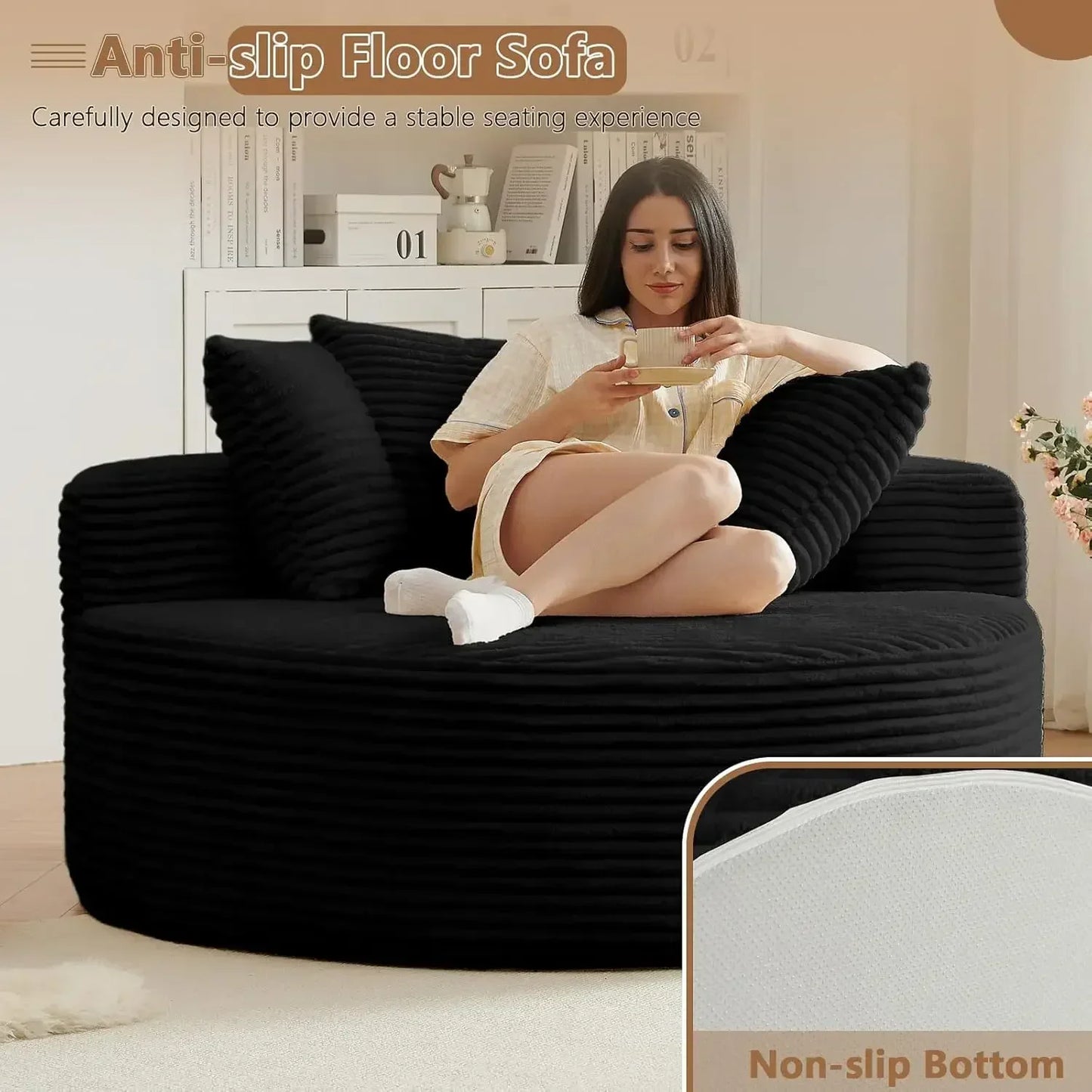 Oversized Round Chair Lounge Chaise Indoor, Upholstered Corduroy Deep Seat Cloud Large Circle Sofa Chair,