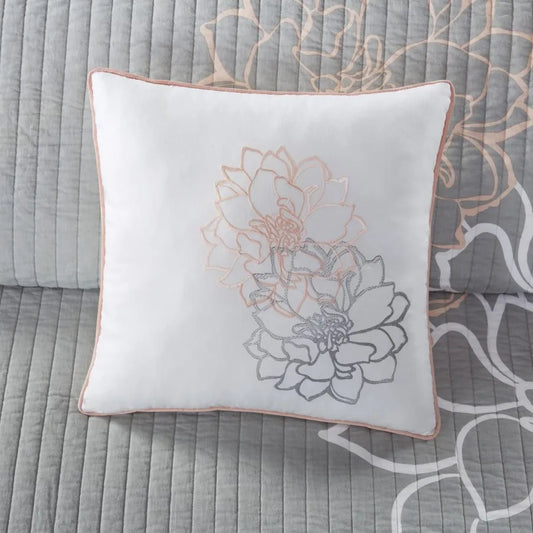 6 Piece Printed Cn Quilt Set with Throw Pillows Grey Peach King Cal King