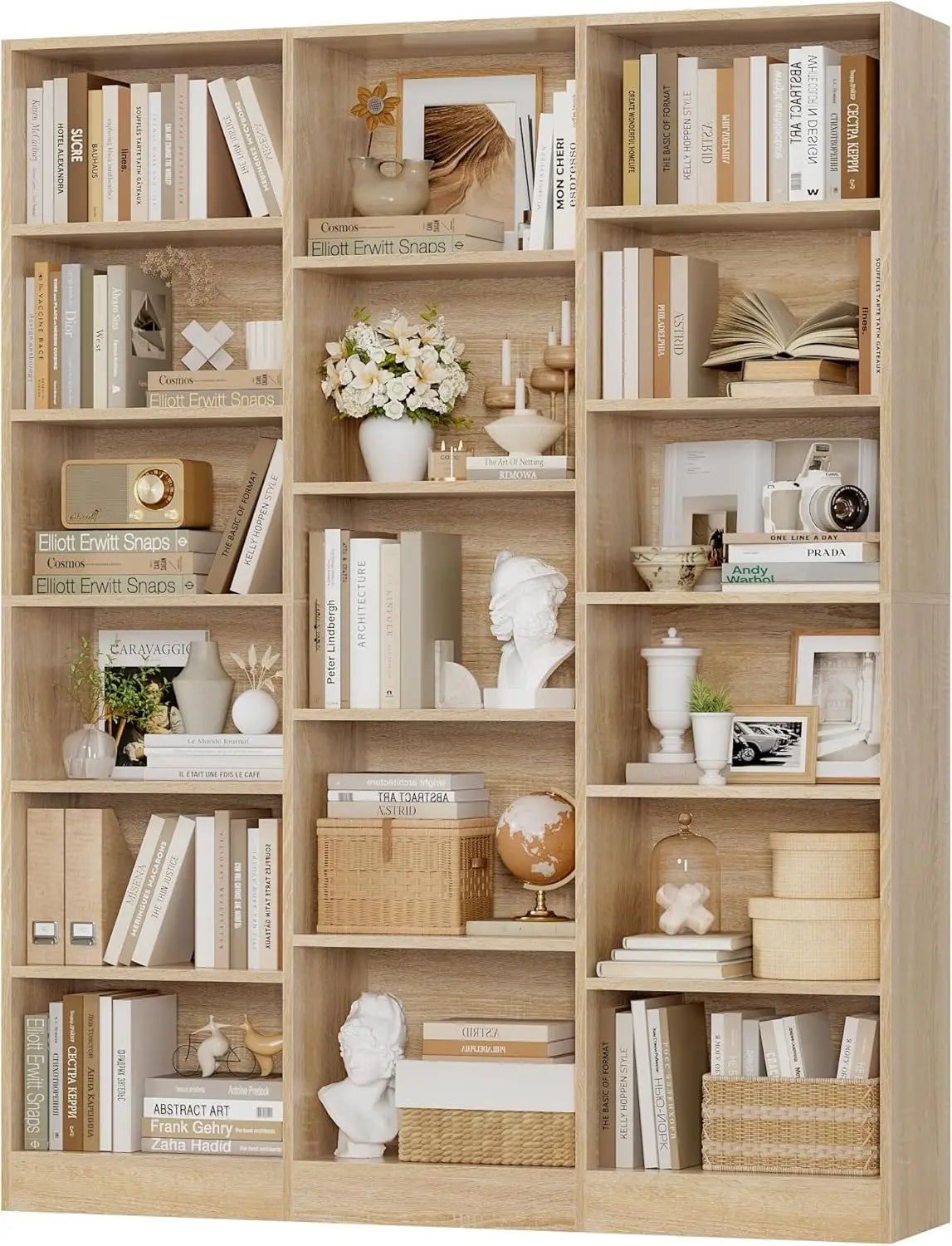Triple Wide Bookshelf, 6 Tier Large Bookshelf, Bookcase with 17 Open Display Shelves, 74'' Tall Bookcases, Customized