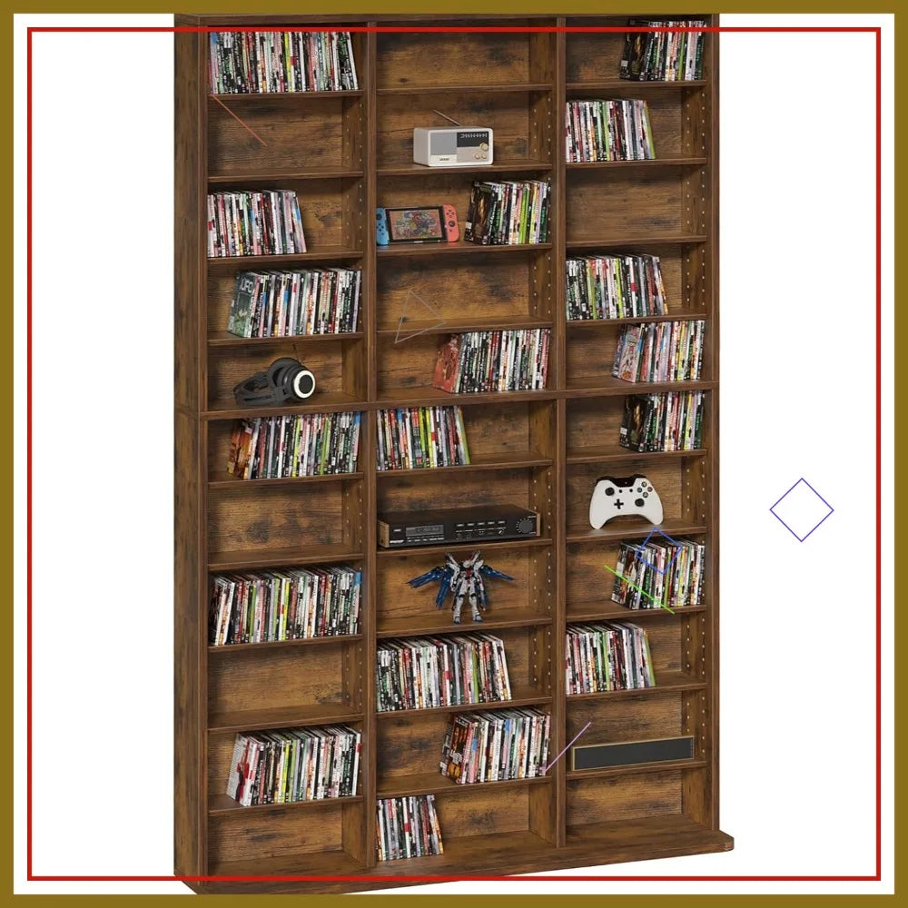 Adjustable Media Storage Cabinet, Brown Bookshelf for DVDs, CDs, Books - Living Room & Home Office