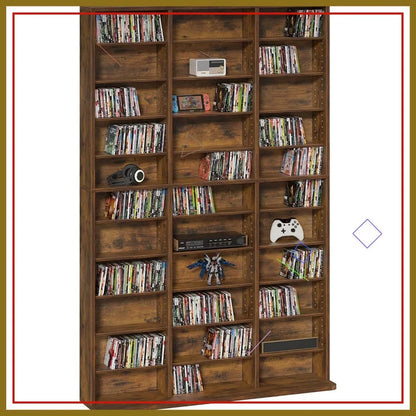 Adjustable Media Storage Cabinet, Brown Bookshelf for DVDs, CDs, Books - Living Room & Home Office