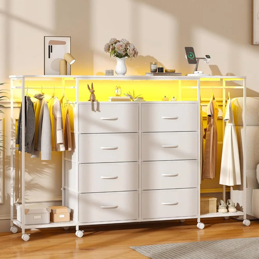 Dresser for Bedroom with Hanging Rack, 8 Drawer Dresser with LED Lights & Charging Station, Fabric Dressers Customized
