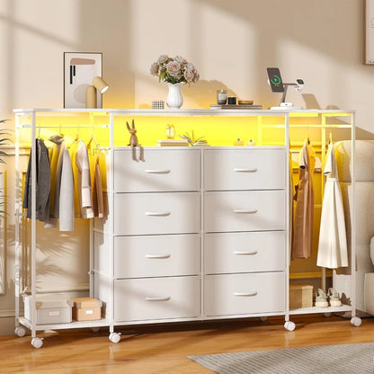 Dresser for Bedroom with Hanging Rack, 8 Drawer Dresser with LED Lights & Charging Station, Fabric Dressers Customized