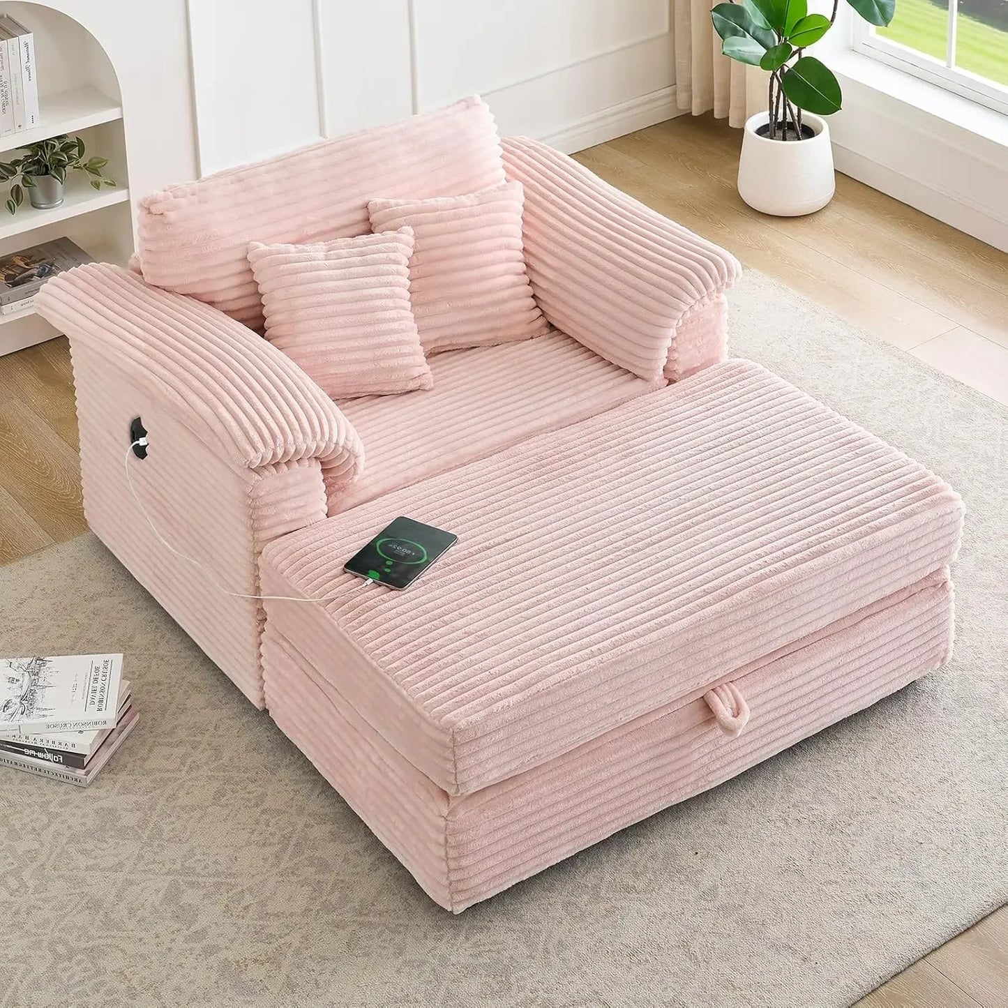 Oversized Chaise Lounge Chair Couch Indoor - Deep Seat Sofa Bed, Corduroy Sleeper Cloud with USB Charging, Customized