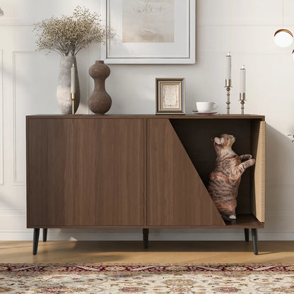 Wooden Cat House with Scratch Pad Large Cat Litter Box Enclosure Cabinet Hidden Cat Villa Washroom Furniture for Living Room