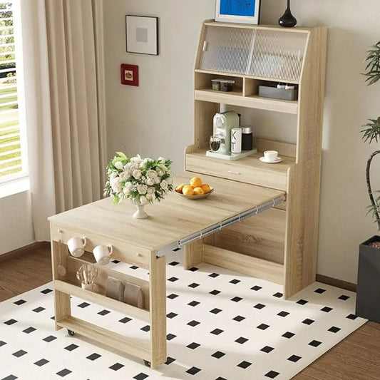 Modern Coffee Bar Cabinet, Compact 33.5"x15.7"x69" Buffet Cabinet with Hutch & Foldable Dining Table, Multifunctional Cupboard w