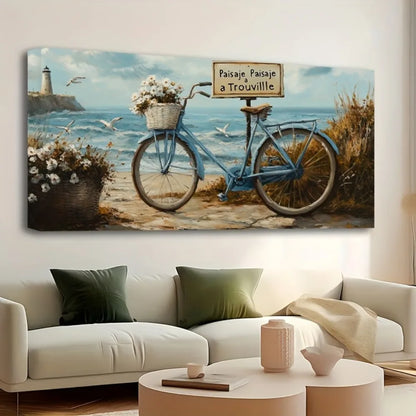 1.5 inch thick pine solid wood frame, white lighthouse, beach, waves, ocean, seascape, nature landscape hanging picture