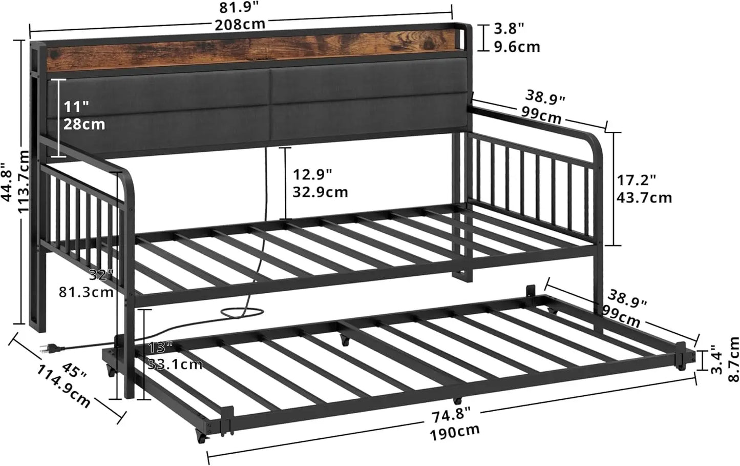 Daybed with Trundle, Sturdy Metal Full Twin XL Size Bed Frame with Upholstered Headboard Charging Station