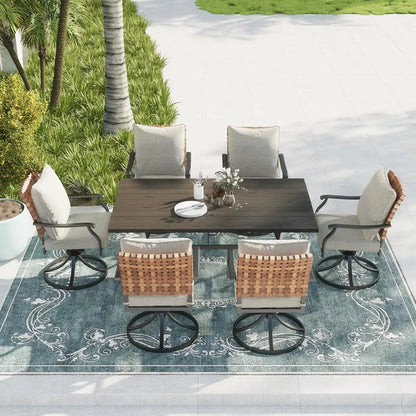 7-Piece Outdoor Dining Set, 6 Leather-Look Wicker Swivel Patio Chairs