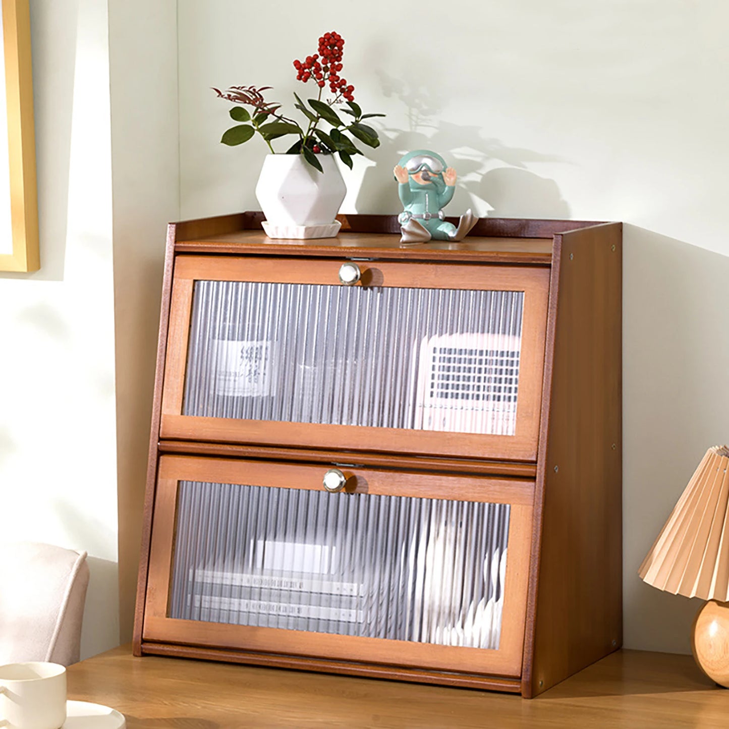 3 Tiers Cabinet with 2 Door, Dark Brown Mini Kitchen Cabinet, Storage Cabinet with Enough Storage Space