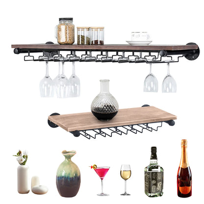 Wine Rack, Wall-Mounted, Black & Pine Wood, Rustic Design with Glass Storage, Spacious Shelf for Wine Bottles & Collectibles