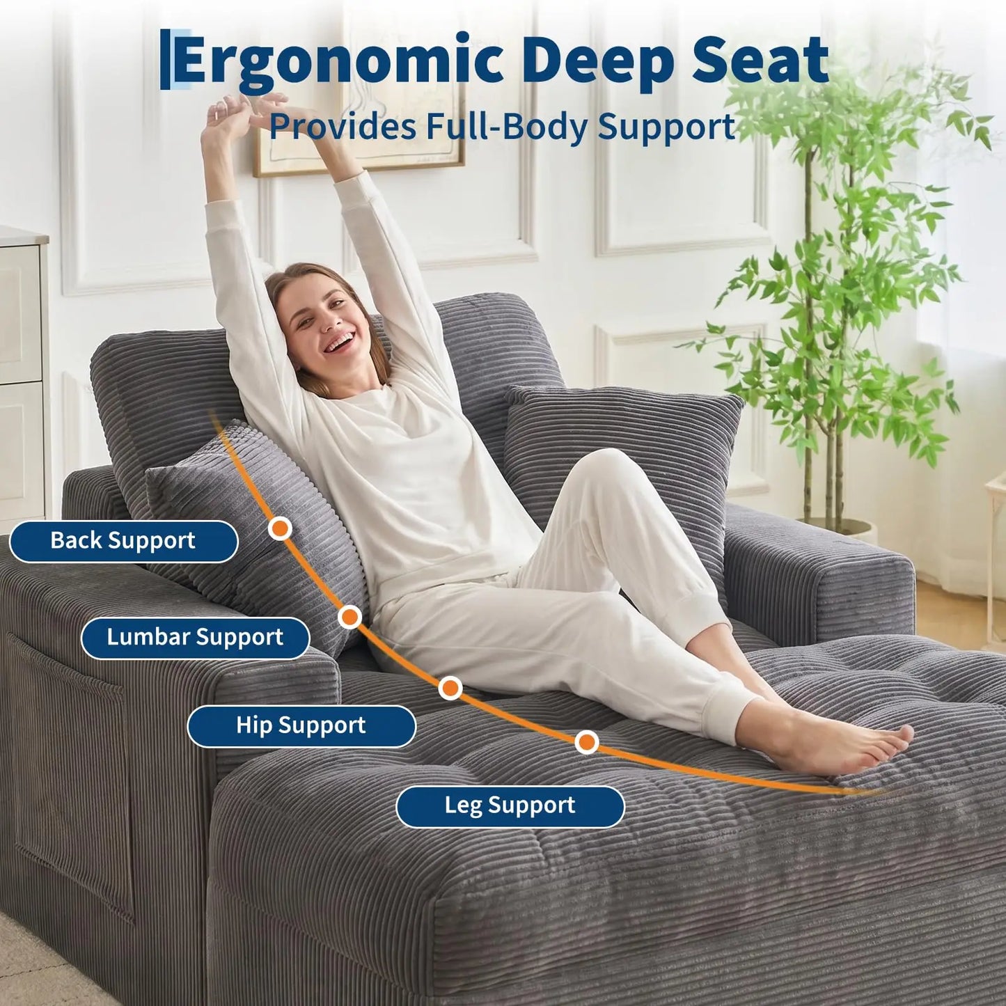 Cloud Chaise Lounge Indoor with Ottoman, Oversized Corduroy Sleeper Sofa Chair, Deep Seat Reading Couch, 2 Pillows
