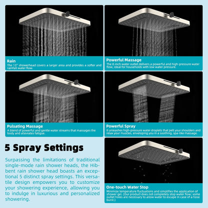 Hibbent 5 Spray Modes Shower Head, 13'' High Pressure Rain Shower Head, Large Rainfall Showerhead, High Flow Waterfall