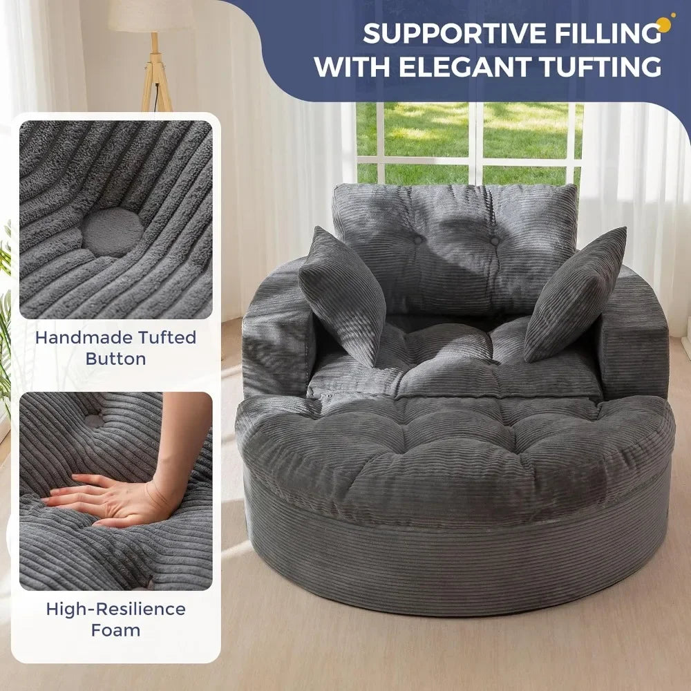 Oversized Round Chaise Lounge Sofa with Ottoman, Deep Seat Sleeper Chair, Boneless Couch for Living Room, Dark Grey