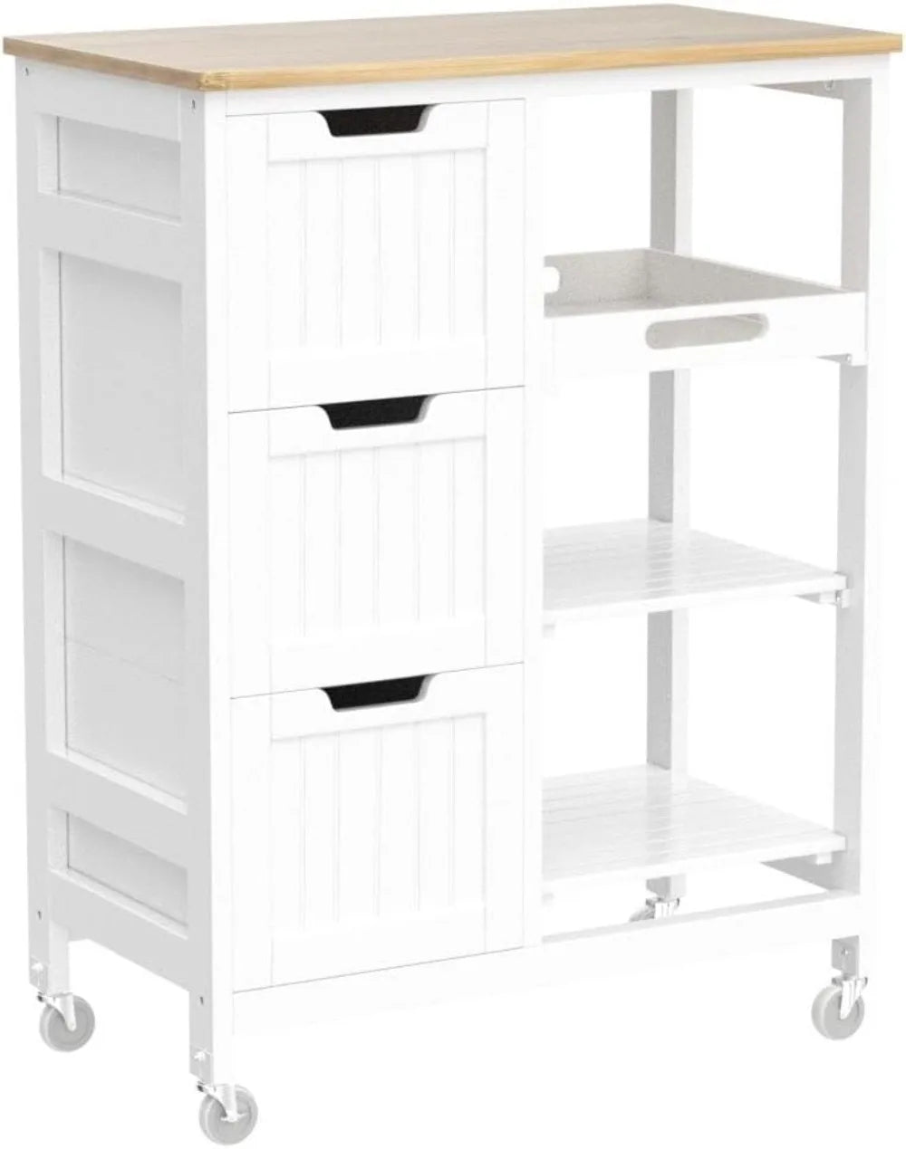 Kitchen Island Cart on Wheels, Rolling Storage Cart with Bamboo Countertop, 3 Drawers, 3 Removable Shelves & Lockable Casters