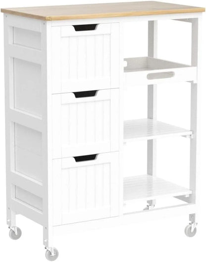 Kitchen Island Cart on Wheels, Rolling Storage Cart with Bamboo Countertop, 3 Drawers, 3 Removable Shelves & Lockable Casters