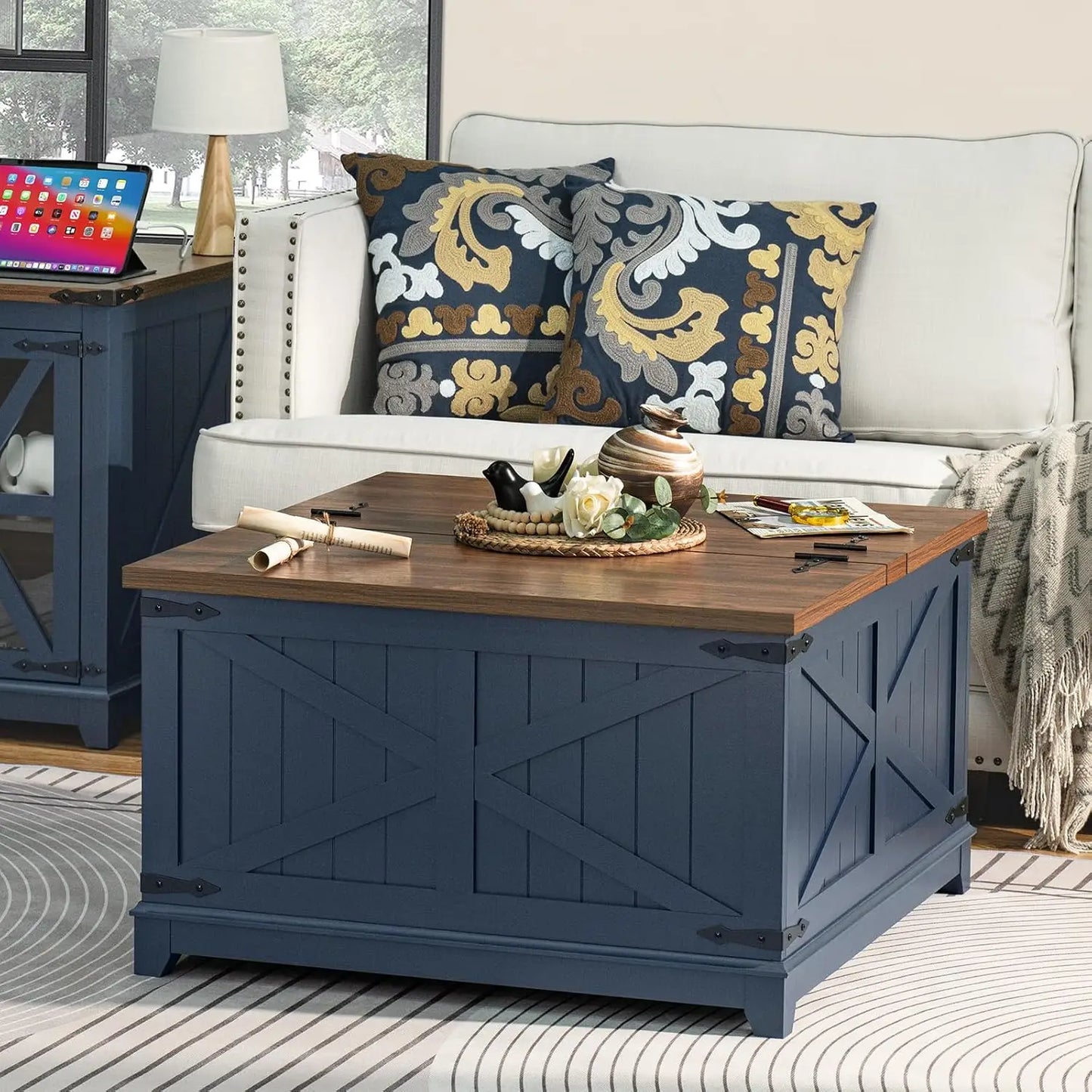 Farmhouse Coffee Table with Hidden Storage Space, Wood Square Large Center Table for Living Room, Farm House Rustic Brown