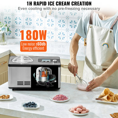 Automatic Ice Cream Maker with Built-in Compressor 2 Quart No Pre-freezing Fruit Yogurt Machine Electric Sorbet Maker