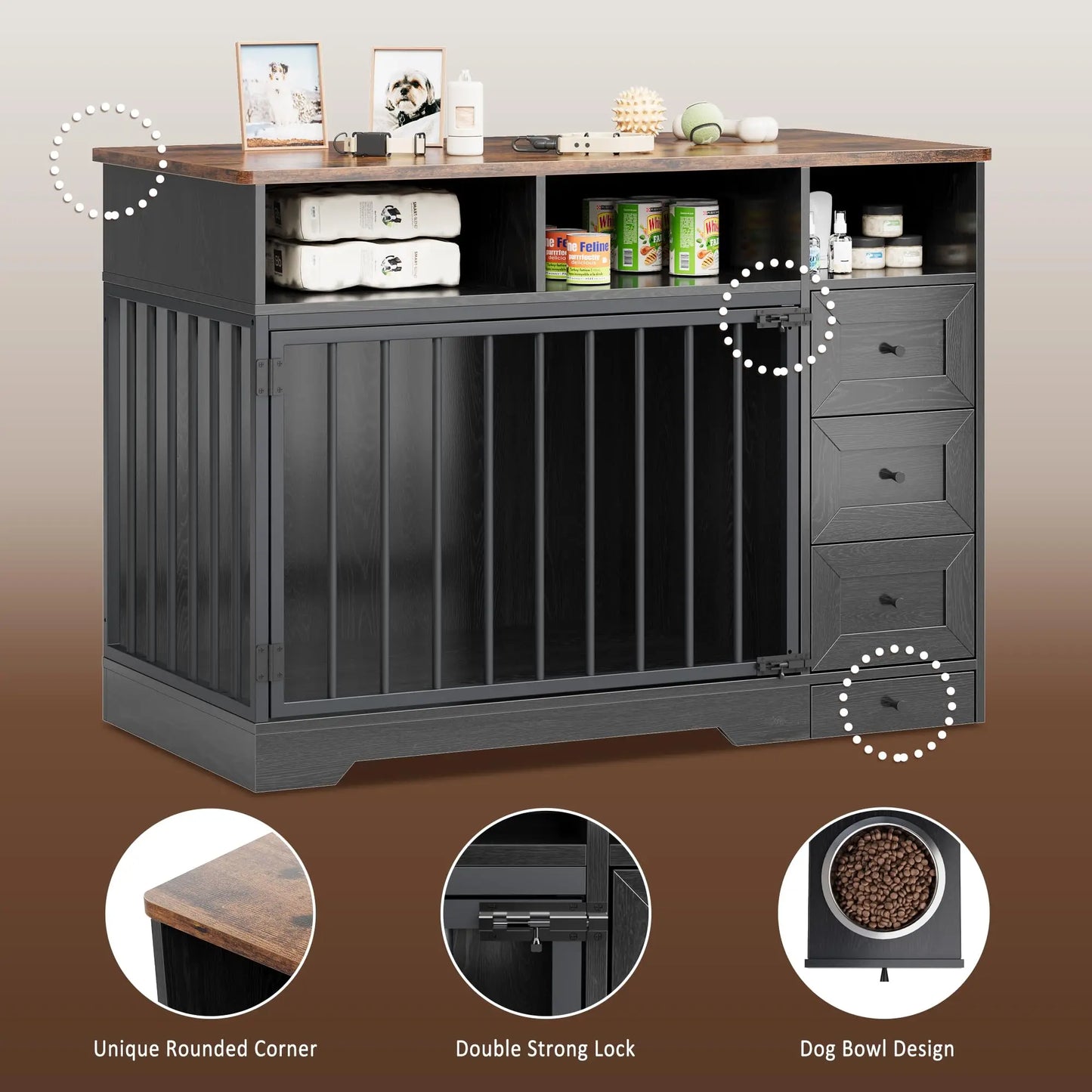 Farmhouse Wooden Dog Crate Furniture With 6 Storage Drawers Feeding Station Heavy Duty Dog Kennel End Table