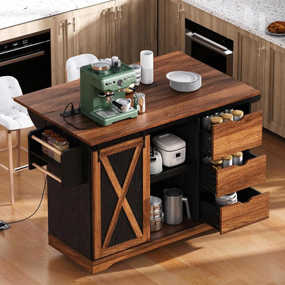 Kitchen Rolling Island with Drop Leaf, Mobile Island for Kitchen with Barn Door,for Home, Dining Room (White)