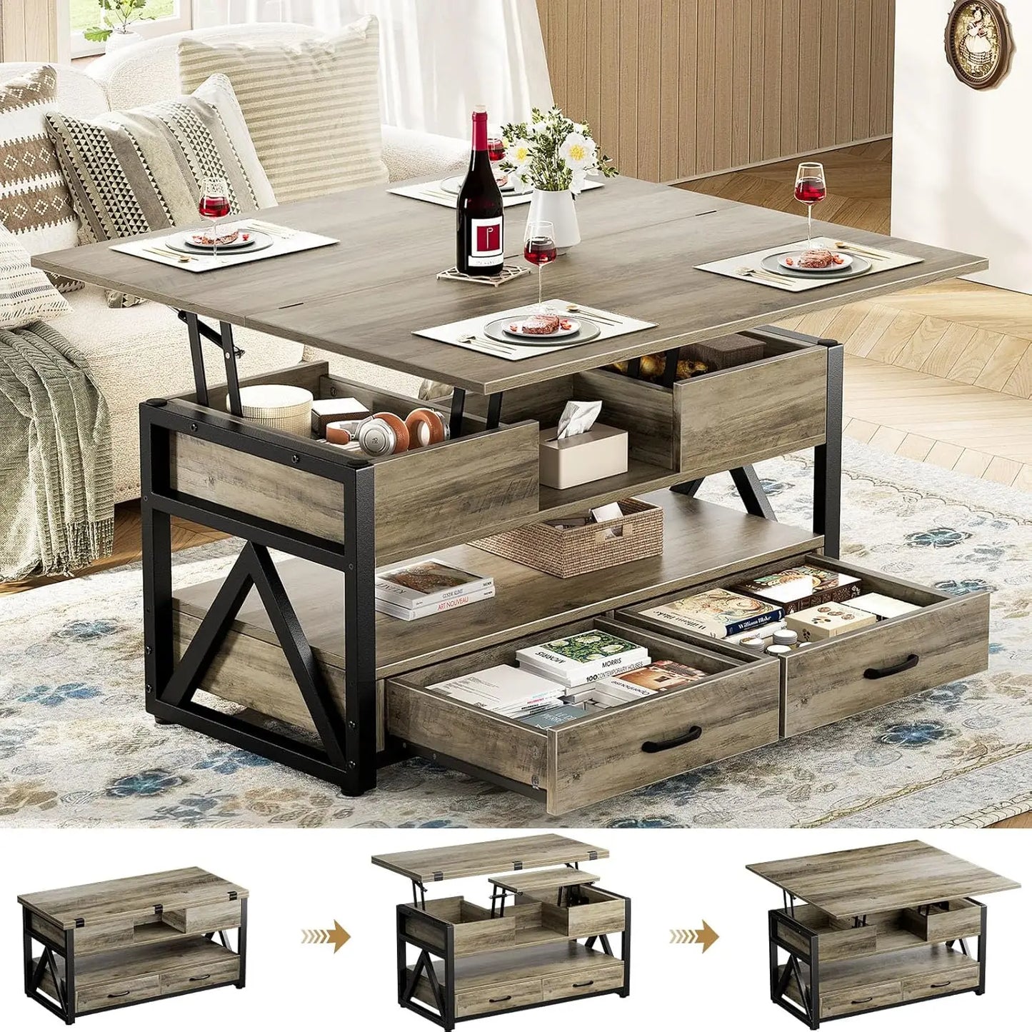 40" Lift Top Coffee Table,4 in 1 Multi-Function Lift Coffee Tables with Storage Drawers and Hidden, Customized