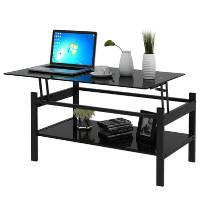 Glass Lift Top Coffee Table; Modern Simple 2-Layer Tempered Glass Coffee Table for Living Room; Black