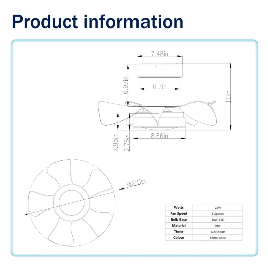 21 inch Ceiling Fan with 3 Color Temperatures Light and Remote Control DC Motor Powerful and low noise Small Space ceiling fan