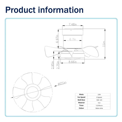 21 inch Ceiling Fan with 3 Color Temperatures Light and Remote Control DC Motor Powerful and low noise Small Space ceiling fan