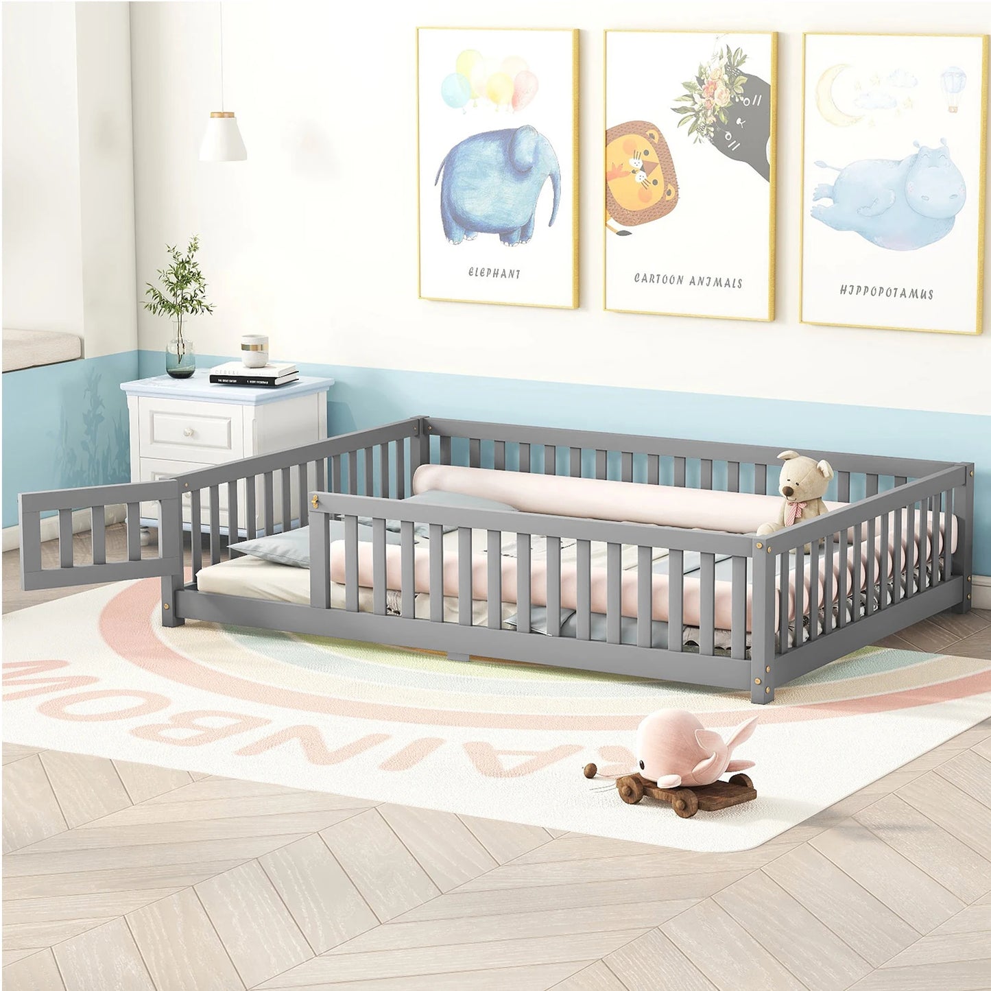 Toddler Floor Bed Frame with Safety Guardrails Doors Wood Slat Support Bed Detachable Platform Bed for Kids Bedroom Nursery