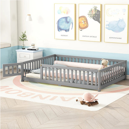 Toddler Floor Bed Frame with Safety Guardrails Doors Wood Slat Support Bed Detachable Platform Bed for Kids Bedroom Nursery