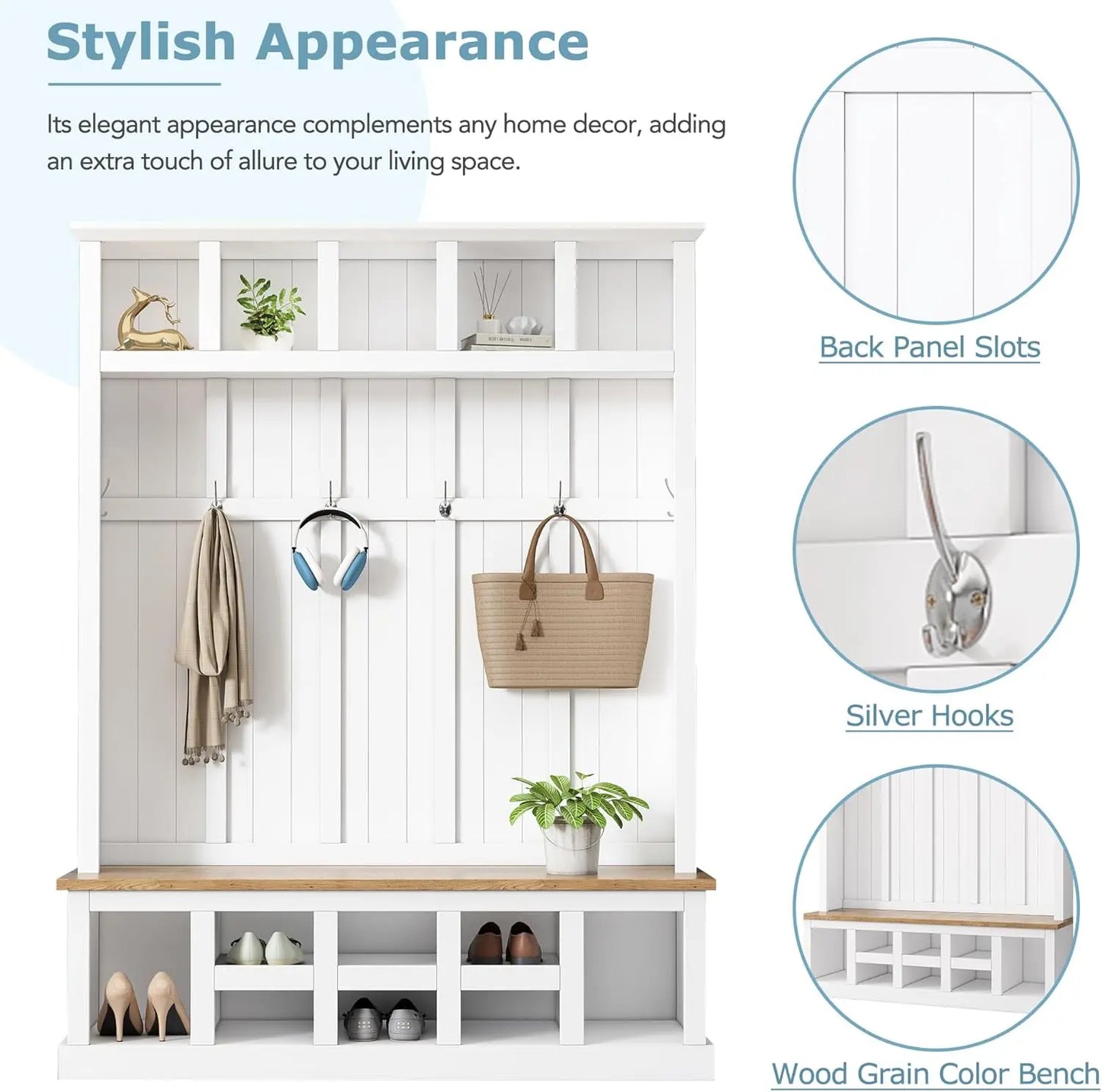 Wood Farmhouse Hall Tree with Storage Entryway Bench,  Coat Racks