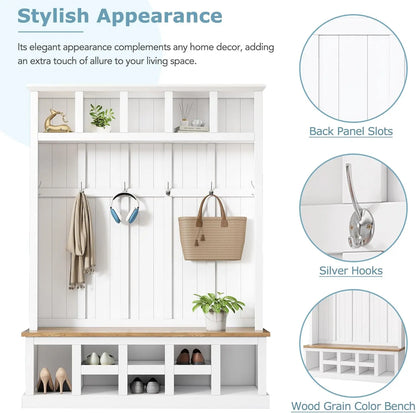 Wood Farmhouse Hall Tree with Storage Entryway Bench,  Coat Racks