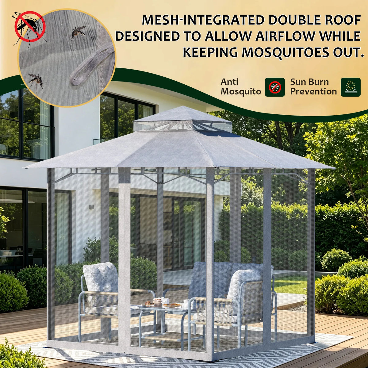 Double Tier Soft Canopy Patio Gazebo & 3-Piece Textilene Outdoor Furniture Set