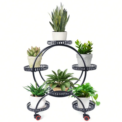 Pot Plant Shelf Round Metal Stand W/Wheel Rack for Flowers