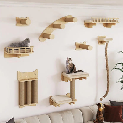 Cat ClimWall Set Made of Natural Wood, 8 Pcs Sturdy Furniture with Scratching Posts, Kitten Platform, 100CM Sisal Rope