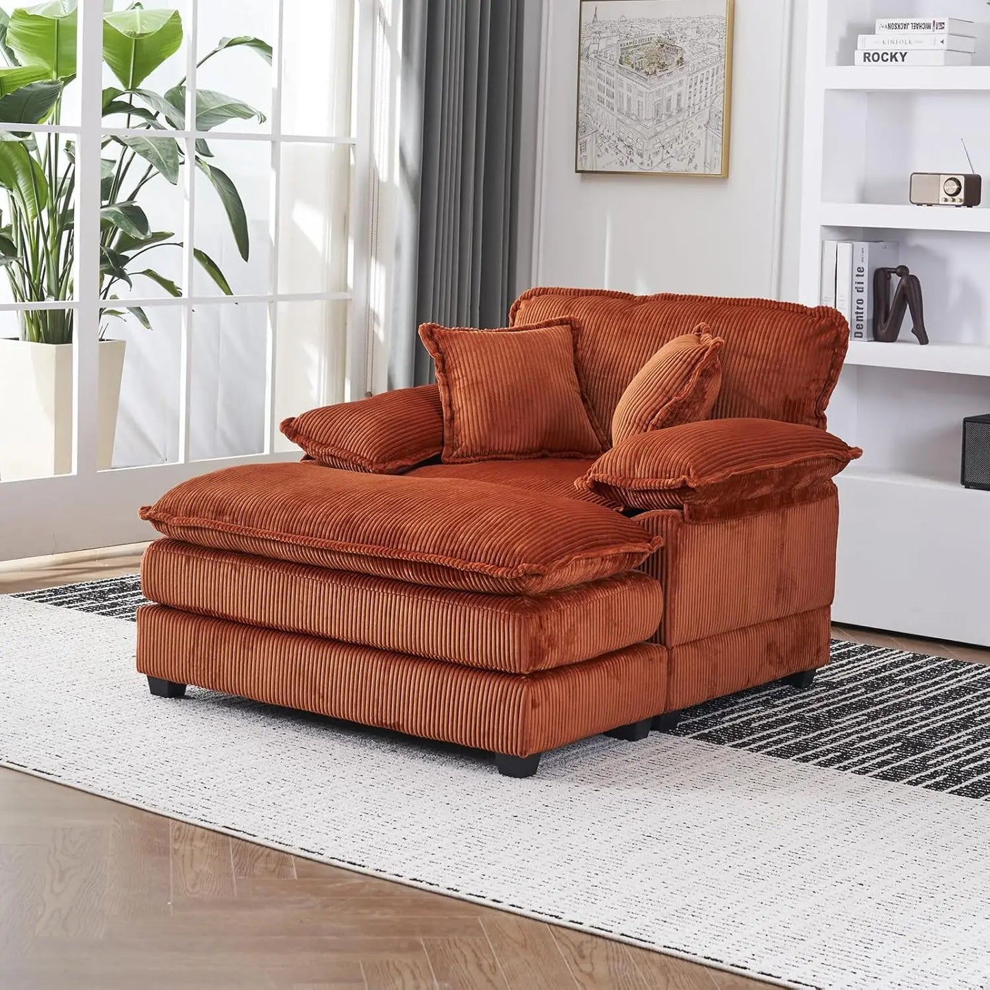 Oversized Chaise Lounge Chair Large Chaise Lounge Chair Indoor with Ottoman And 2 Pillows, Modern Deep Seat Corduroy