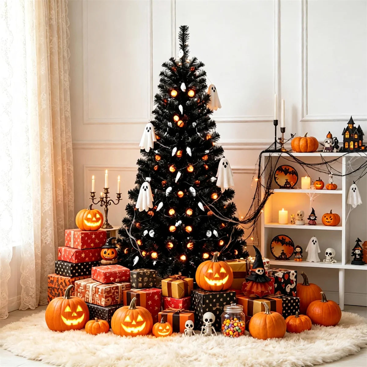 Black Halloween Tree with 65 Ghost Cold White Lights & 65 Pumpkin Orange Lights
